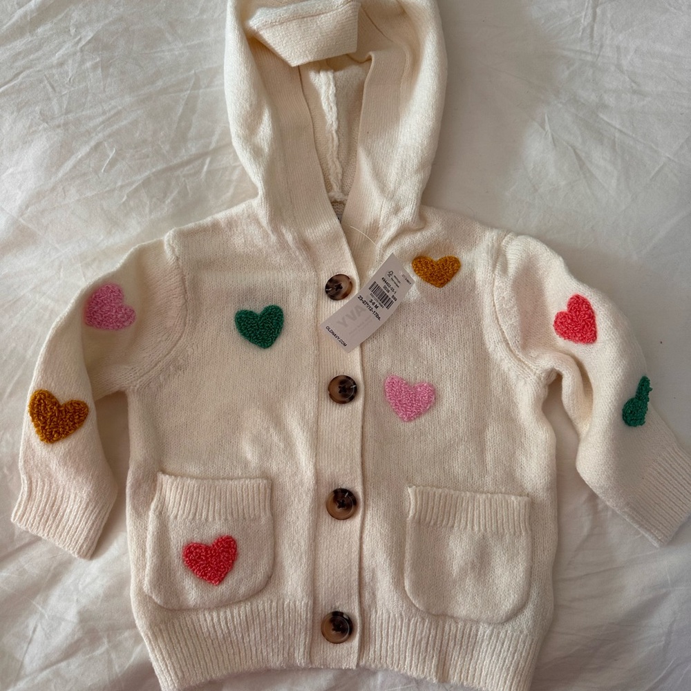 Old Navy Cream Hooded Cardigan with Colorful Heart Accents